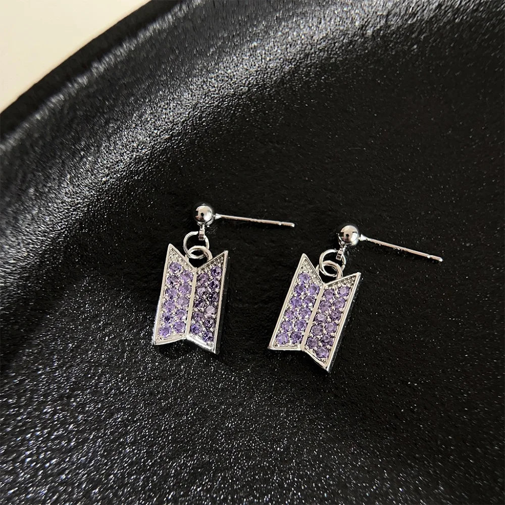 💜✨ Fashion Purple Crystal Earrings 🎧 | Zircon Alloy Pendant Earrings for Women & Girls 💎 | POP Music Lover Gift 🎤