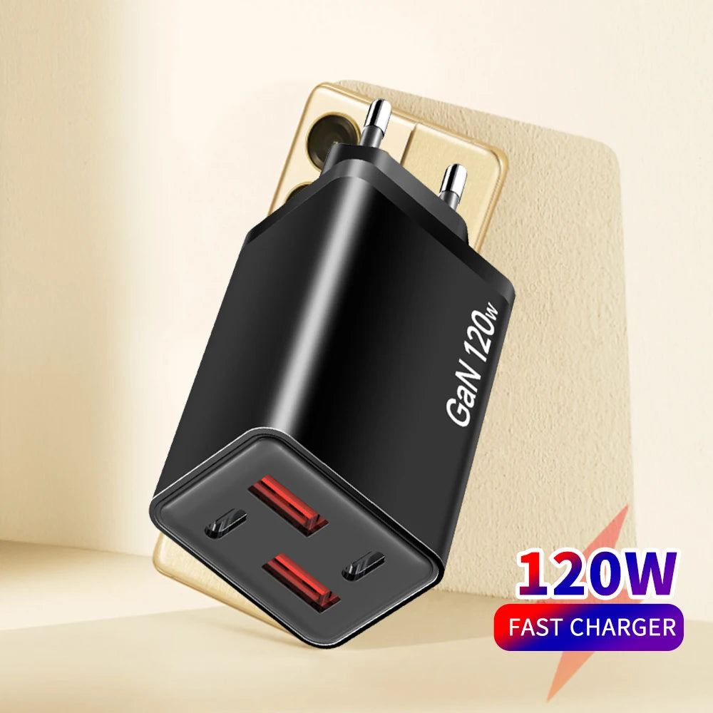 ⚡ 120W GaN 4-Port Fast Charger (2 USB-C PD + 2 USB-A QC 3.0) – Universal Travel Wall Adapter 🌍