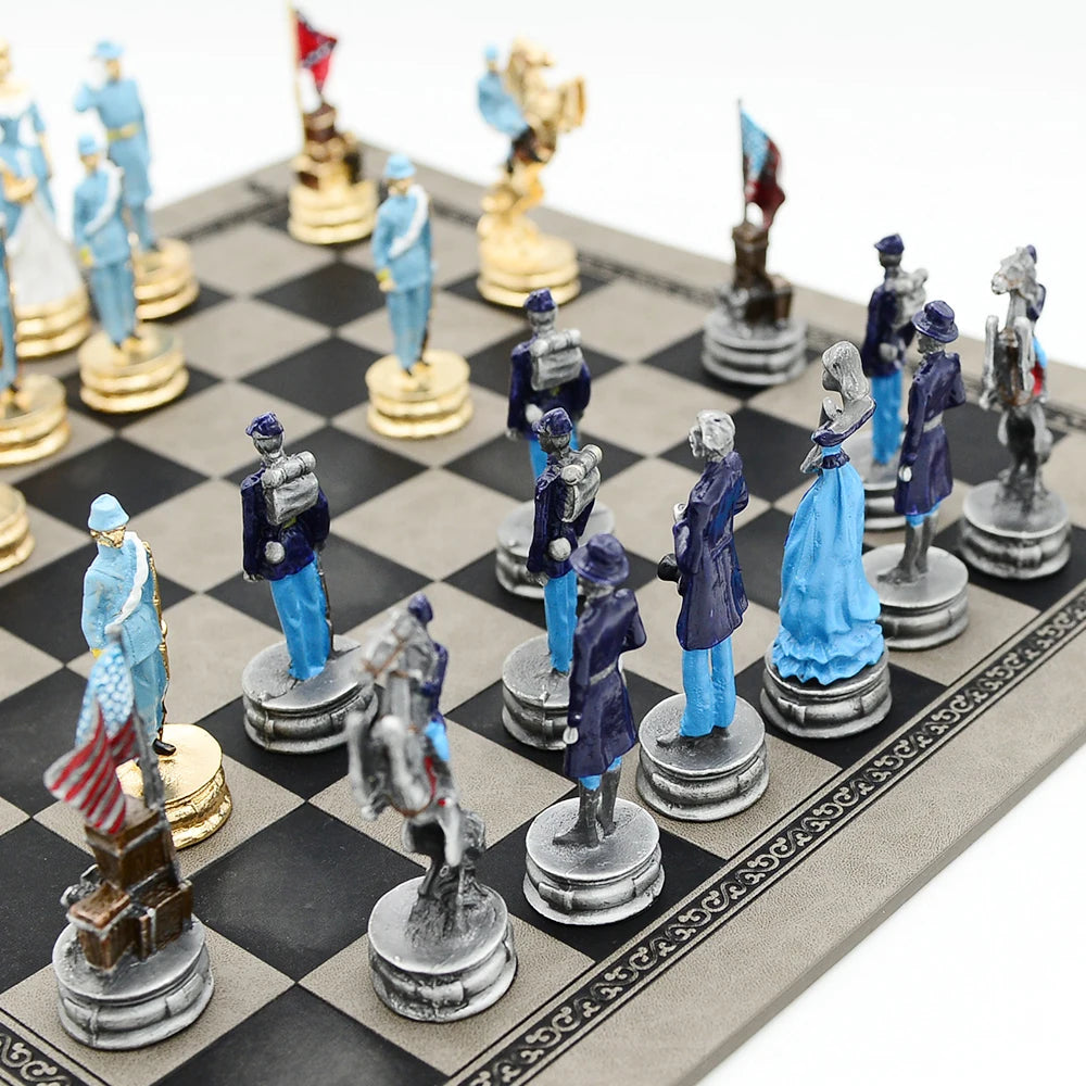 Luxury War‑Themed Metal & Resin Chess Set ♟️ | Hand‑Painted Knights on Leather Board | 32‑Piece Strategy Gift Set 🎁