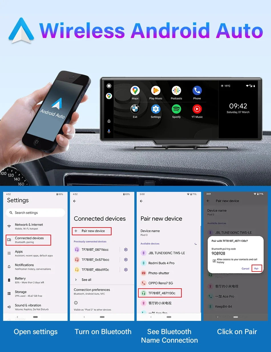 10.26" 4K Dash Cam Mirror with Wireless CarPlay & Android Auto, GPS, Rear Camera, 1600x600 IPS Touchscreen, Voice Control, Parking Monitor