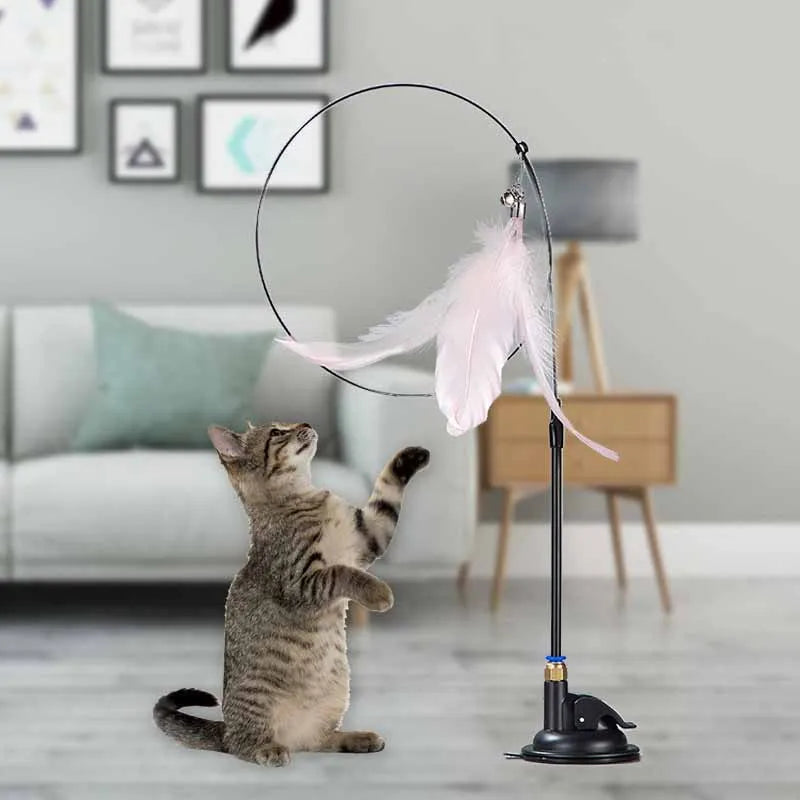 🐱🎀 Funny Fluffy Feather Cat Teaser Wand with Bell & Suction Cup