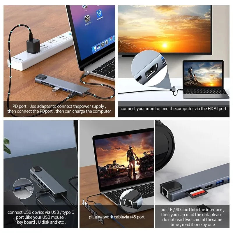 🔗💻 8-in-1 USB-C Hub – 4K HDMI Docking Station with RJ45 & PD