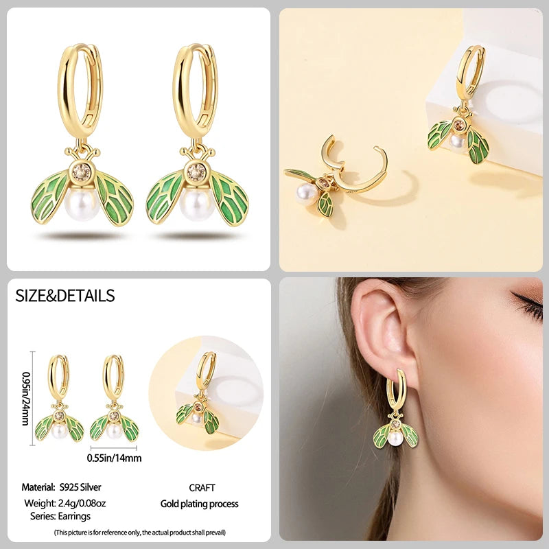 🌙⭐🐝 925 Sterling Silver Star Moon Bee Pendant Earrings ✨ | Gold-Tone Sparkling Zircon Luxury Earrings for Women 💎 | Wedding & Engagement Jewelry Gift 👰