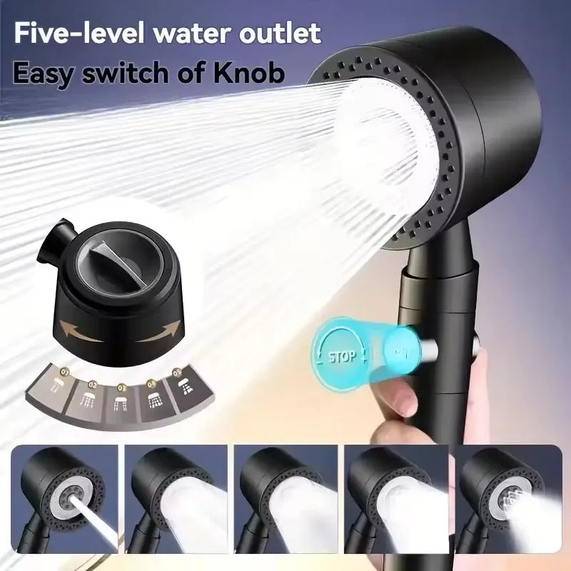🚿💧 High Pressure Water-Saving Filter Shower Head – 5 Spray Modes Handheld Shower with One-Button Stop | Bathroom Accessories Set