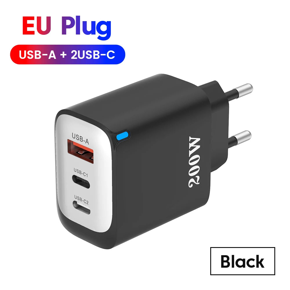 200W USB Type C Charger Quick Charge Portable Fast Charger 1U+2C Multi Port Charging Head
