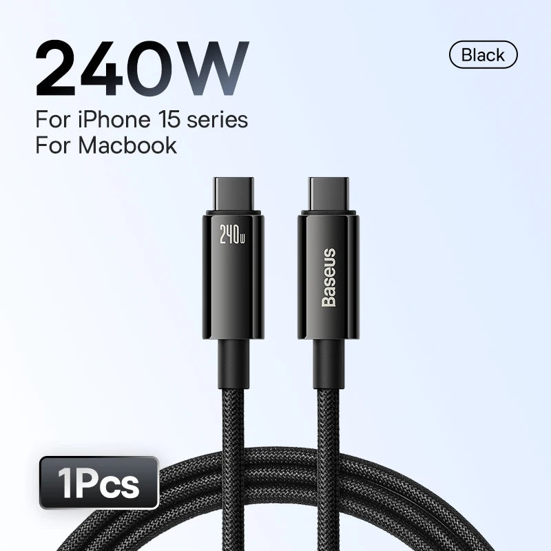 BASEUS 240W USB‑C Fast Charging Cable | 5A Braided Type‑C Charger for iPhone 17/16/15 Series, MacBook, Samsung, Xiaomi | CE/FCC/RoHS Certified