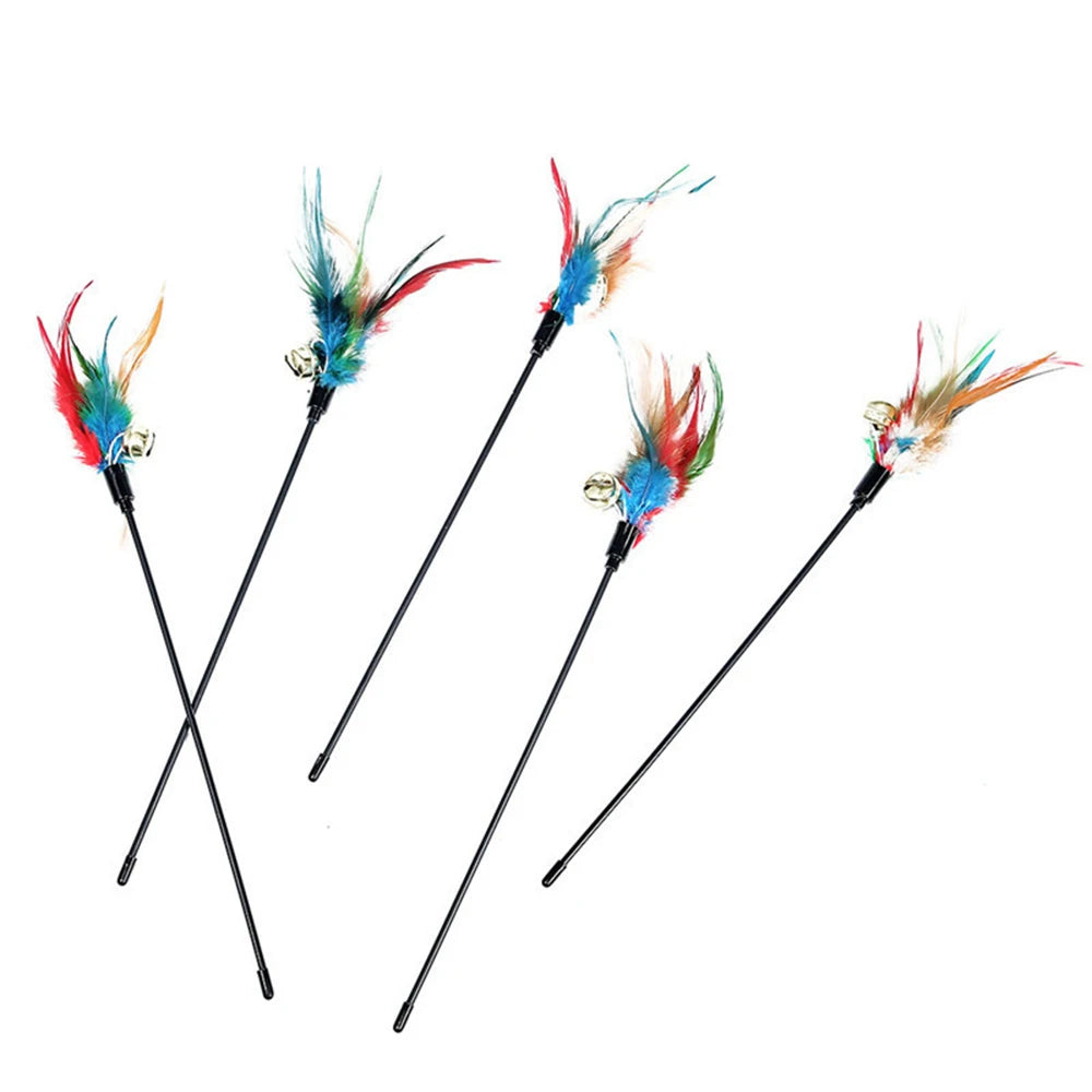 🐱🎣 Cat Interactive Feather Wand Toy Set (5PCS) – Colorful Chicken Feather Teaser with Bell | Portable Cat Stick Toys