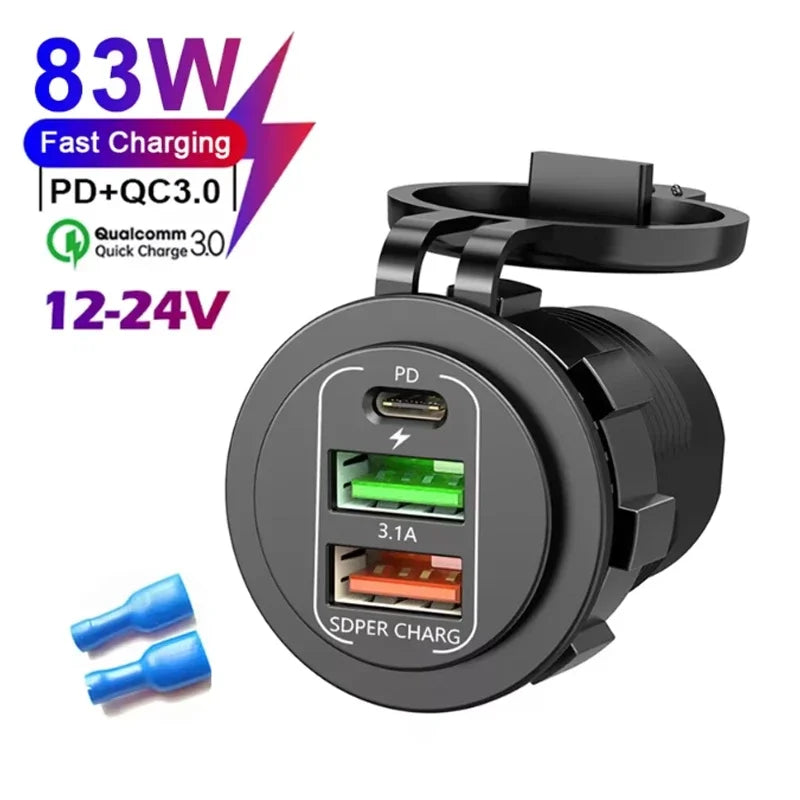 🚗 4‑Port PD + QC 3.0 Car Charger with Voltmeter | 83W Fast Charge | Waterproof 12V/24V