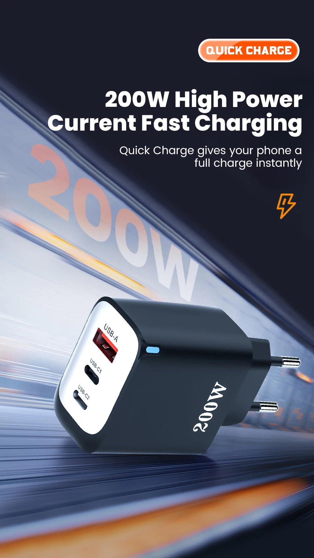 200W USB Type C Charger Quick Charge Portable Fast Charger 1U+2C Multi Port Charging Head