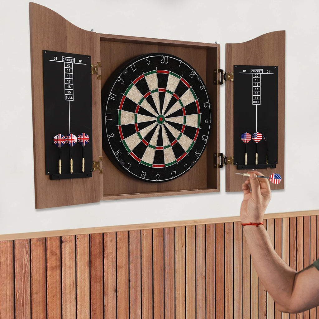 🎯 Wall‑Mounted MDF Dartboard Cabinet Set for Adults | Premium Sisal Dart Board with Scoreboards, Storage & Modern Brown Cabinet | Home, Bedroom, Bar Game Room Decor ⭐