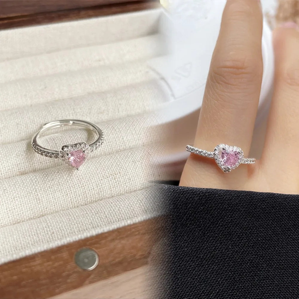 💖✨ Charm Fashion Pink Heart Zircon Jewelry Set 💎 | Luxury Silver Color Stainless Steel Ring & Necklace Set for Women 💕 | Colorfast Crystal Gift