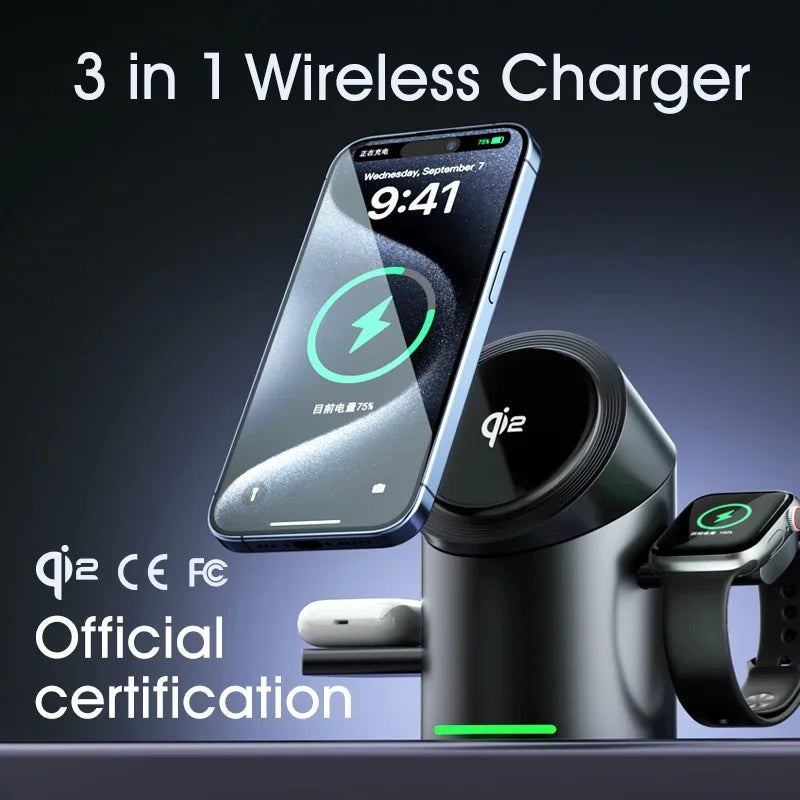 Qi2 3-in-1 Magnetic Wireless Charger – Touch Button Fast Charging Dock