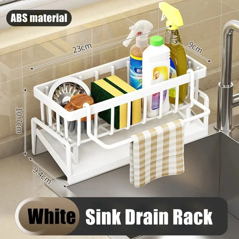 🍽️✨ Multifunctional Kitchen Sink Storage Shelf | No-Punch Adhesive Drain Rack with Hooks 🧽 | Plastic Spice & Rag Organizer for Sink Tap
