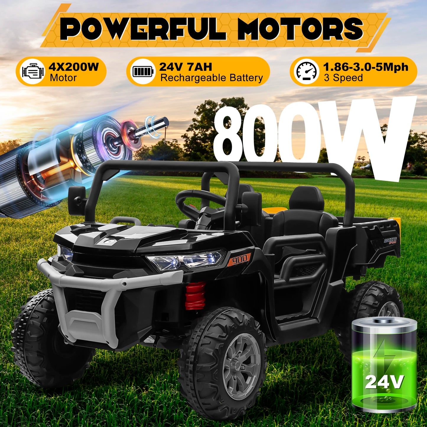 🚜⚡ 24V 2-Seater Ride-On Dump Truck – Kids UTV Electric Car with 2.4G Remote, 4-Wheeler, Bluetooth Music & LED Lights