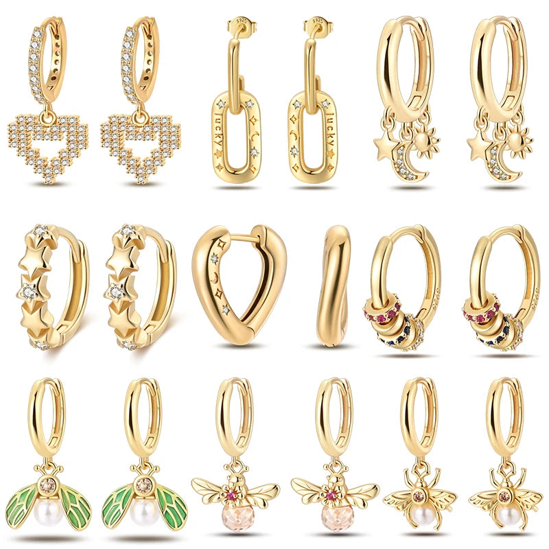 🌙⭐🐝 925 Sterling Silver Star Moon Bee Pendant Earrings ✨ | Gold-Tone Sparkling Zircon Luxury Earrings for Women 💎 | Wedding & Engagement Jewelry Gift 👰