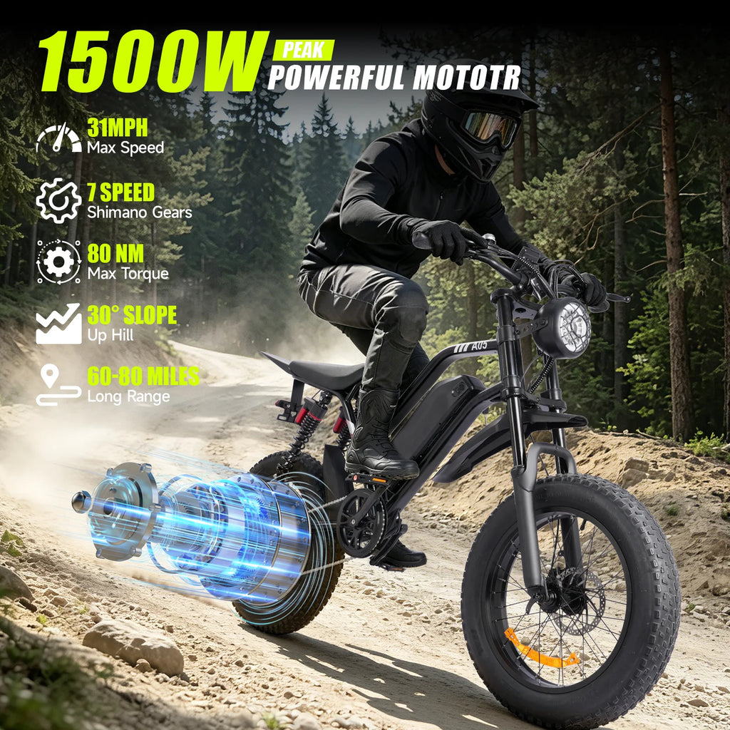 1500W Mountain Electric Bike 48V 15Ah Lithium Battery 20" Fat Tire Adult eBike, 31 MPH Max Speed, 65 Mile Range, Shimano 7-Speed