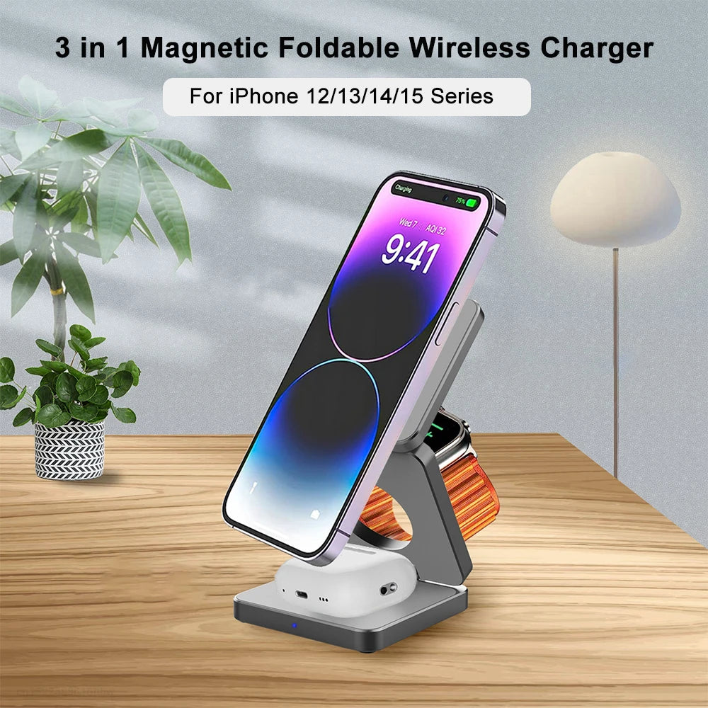 3-in-1 Foldable Magnetic Wireless Charging Station for iPhone & Apple Watch