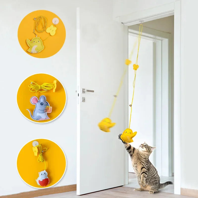
Interactive hanging cat toy with feather attachment and stretchable elastic rope
