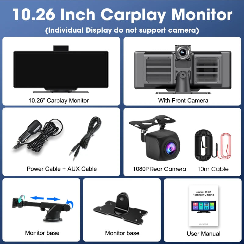 10.26" 4K Dash Cam Mirror with Wireless CarPlay & Android Auto, GPS, Rear Camera, 1600x600 IPS Touchscreen, Voice Control, Parking Monitor