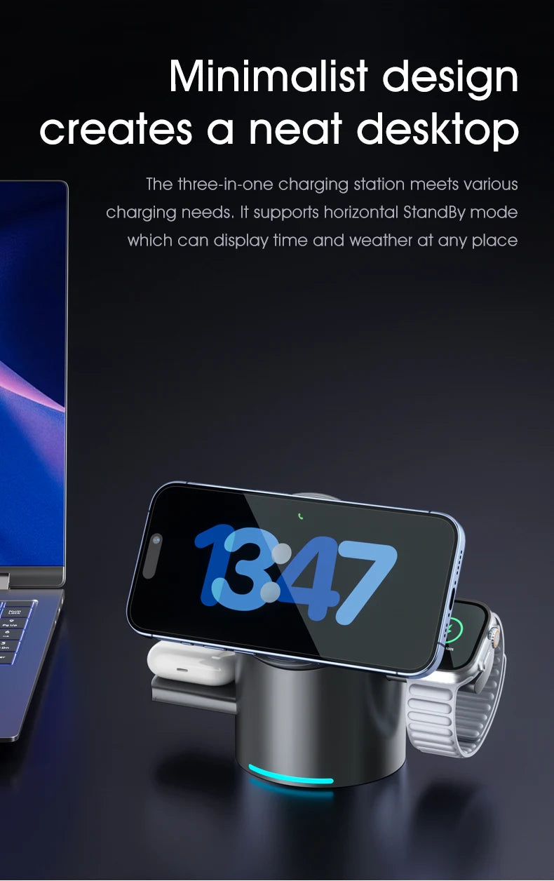 Qi2 3-in-1 Magnetic Wireless Charger – Touch Button Fast Charging Dock