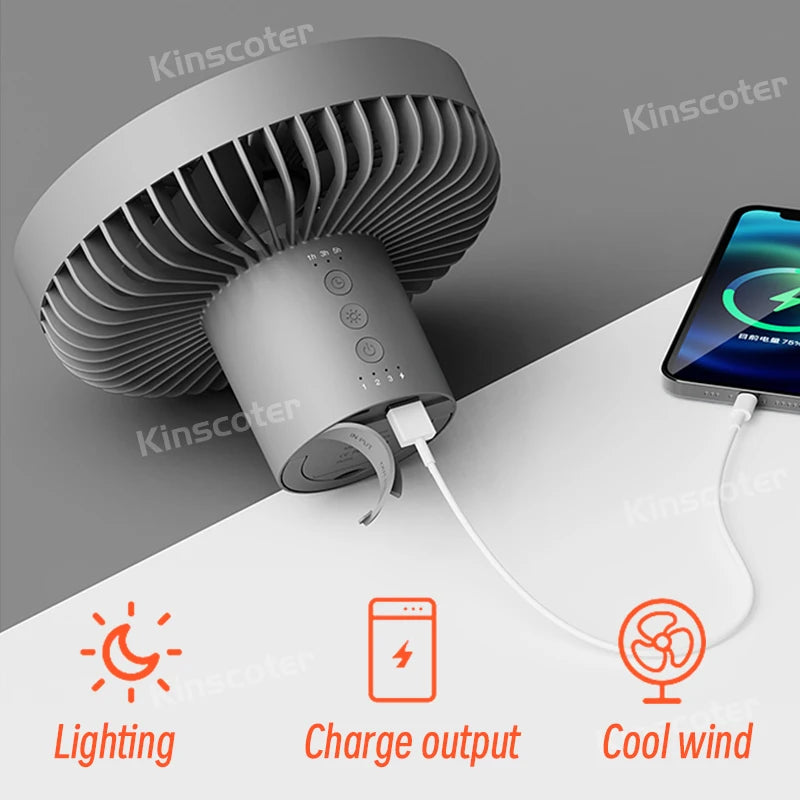 🌬️🔋 Rechargeable Camping Fan 4000mAh / 10000mAh – LED Light & Power Bank