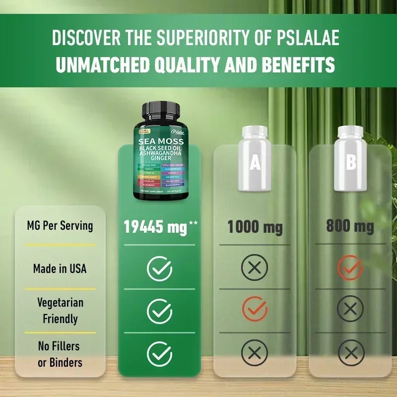 🌿 Sea Moss Supplement Capsules – Gut Health, Immunity Boost, Detox, Anti‑Aging, Antioxidant Support | Ashwagandha, Black Seed Oil, Ginger