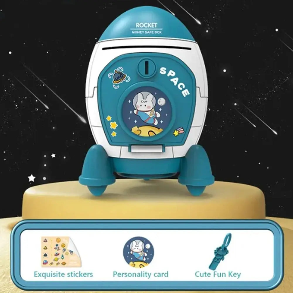 🚀🐷 Cute Children Piggy Bank Space Rocket Money Box ✨ | Cartoon Sticker Plastic Cash Box 💰 | Multi-Purpose Kids Gift Toy