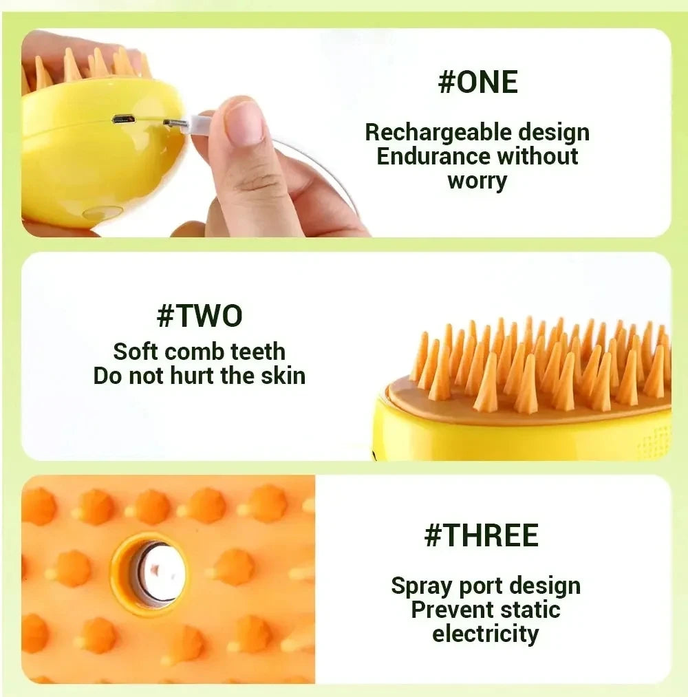 ✨ 3‑in‑1 Pet Electric Steam Brush | Cat & Dog Cleaning Spray Massage Grooming Comb | Retractable Handle | USB Rechargeable Hair Removal Beauty Brush