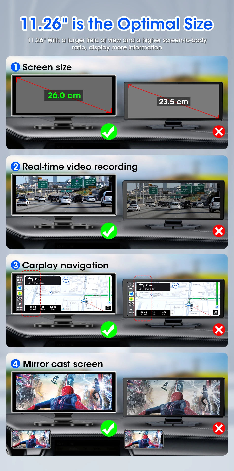 🚗✨ 10/11.26 Inch 4K Dash Cam Car DVR 📸 | Wireless CarPlay & Android Auto 📱 | Dual Lens Dashboard Camera with GPS, WiFi, FM & AUX 🚘💖