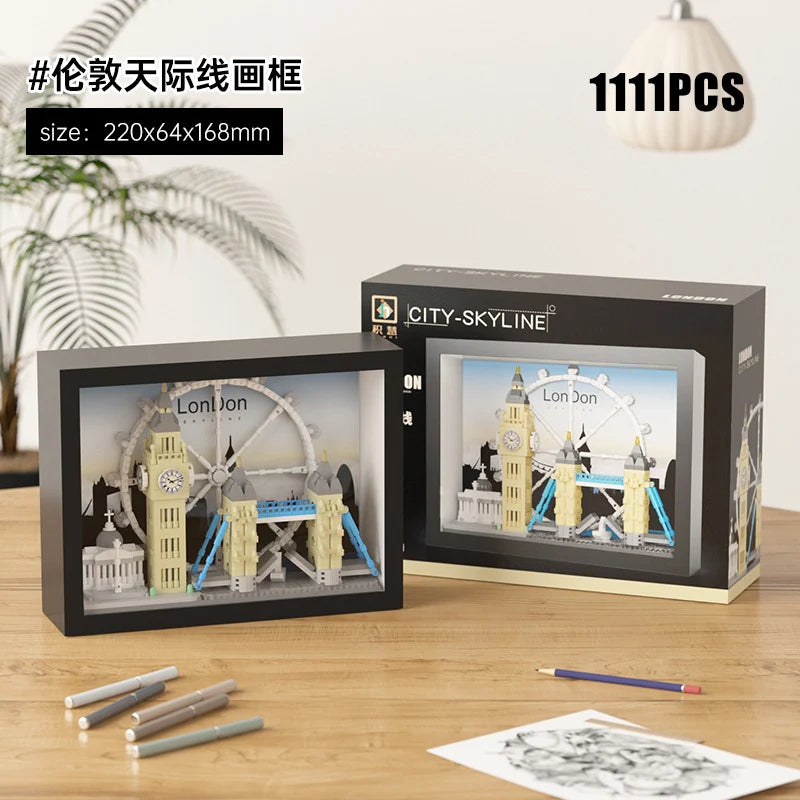 🌍🧱 Micro World Famous Architecture Building Blocks – New York, Paris, London & Dubai Skyline Photo Frame DIY Wall Decoration