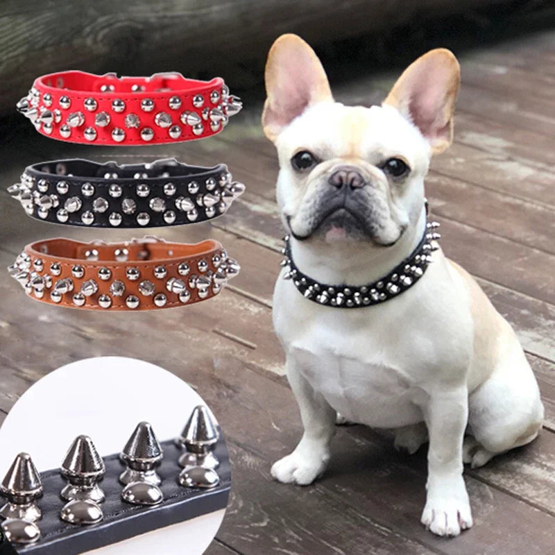 Adjustable Spiked Dog Collar 🐶 PU Leather Punk Studded Pet Collar for Small Dogs & Cats