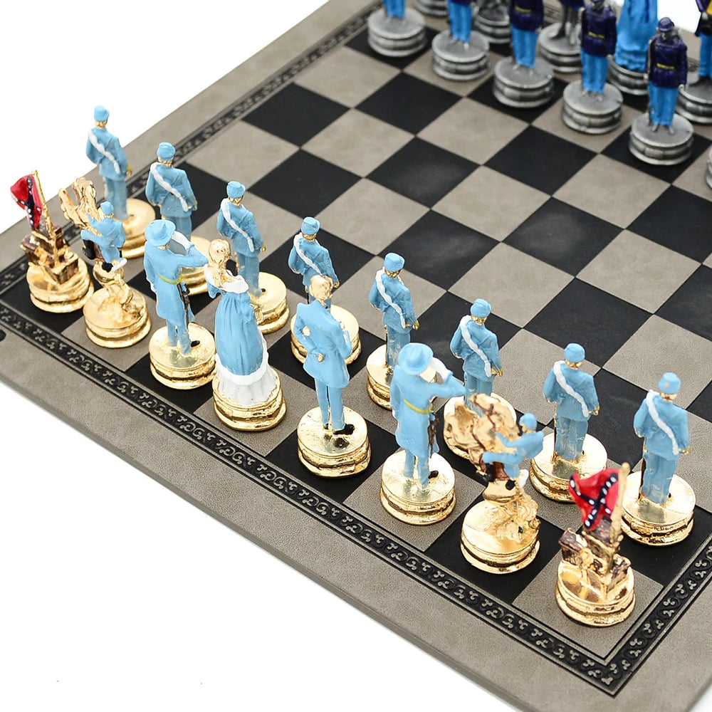 Luxury War‑Themed Metal & Resin Chess Set ♟️ | Hand‑Painted Knights on Leather Board | 32‑Piece Strategy Gift Set 🎁