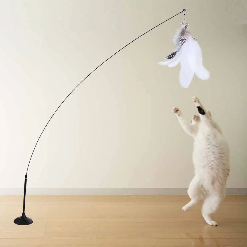 🐱🎀 Funny Fluffy Feather Cat Teaser Wand with Bell & Suction Cup