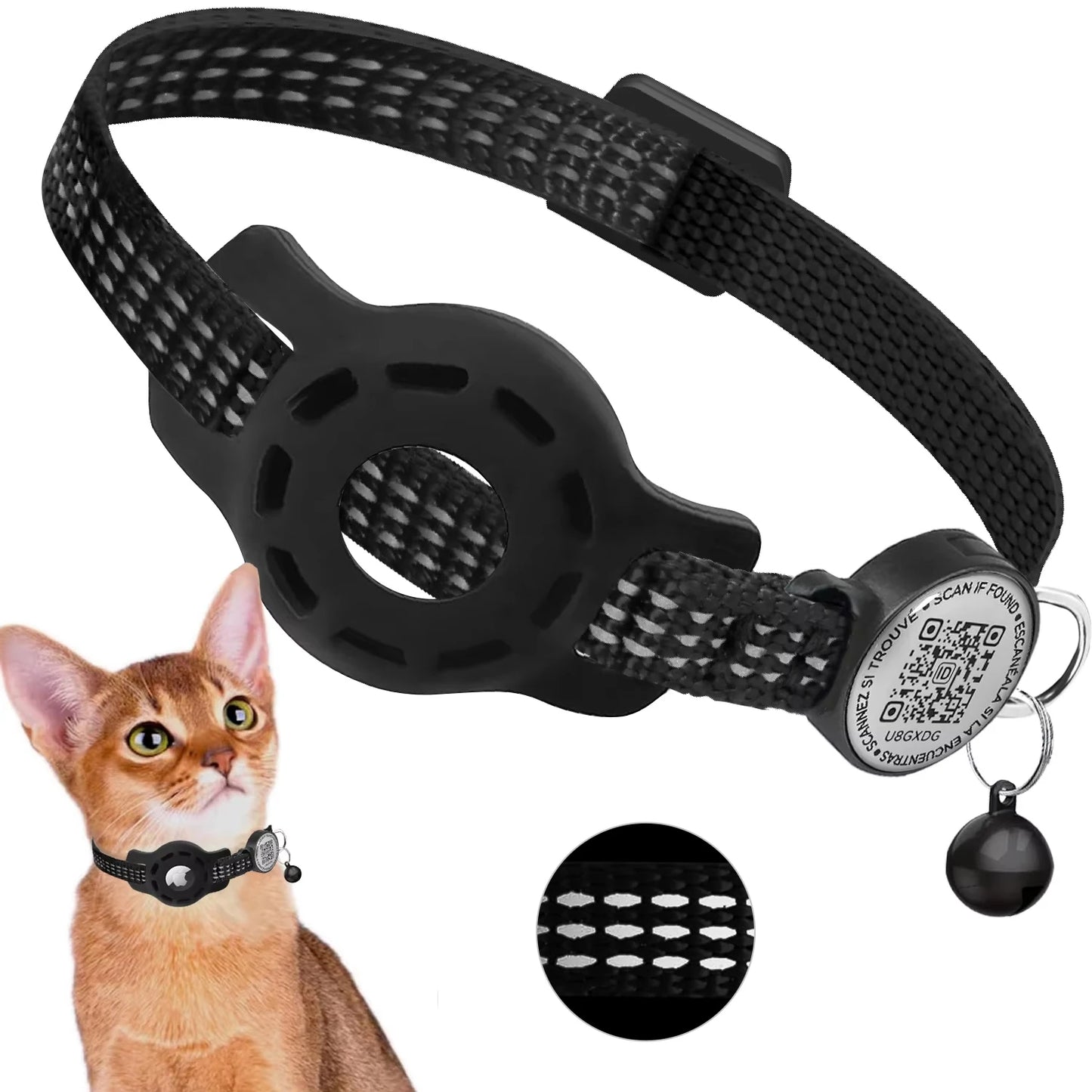 📍🐾 Reflective Cat GPS Collar with QR Tag & AirTag Case – Breakaway Safety