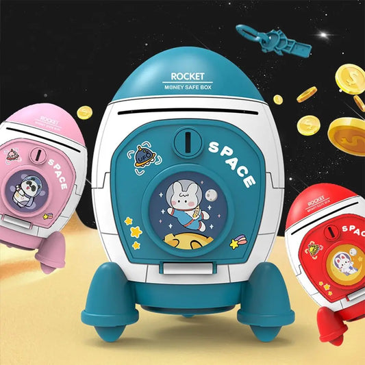 🚀🐷 Cute Children Piggy Bank Space Rocket Money Box ✨ | Cartoon Sticker Plastic Cash Box 💰 | Multi-Purpose Kids Gift Toy