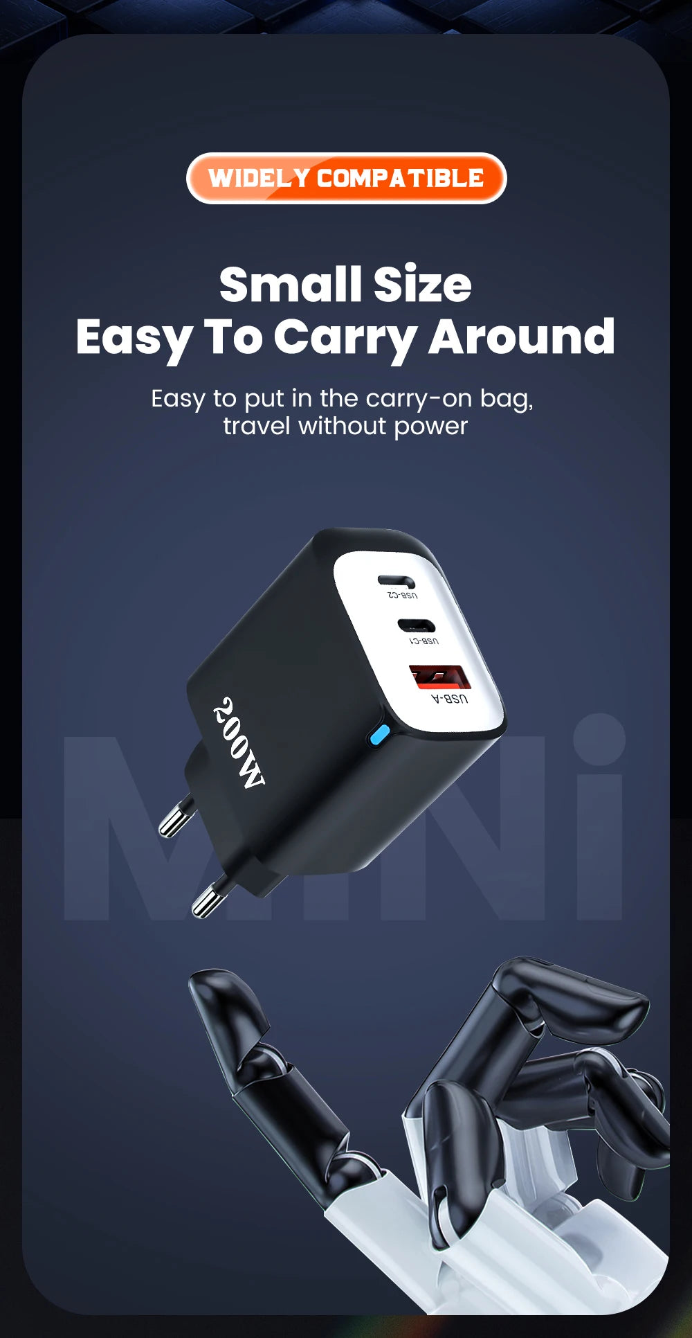 200W USB Type C Charger Quick Charge Portable Fast Charger 1U+2C Multi Port Charging Head