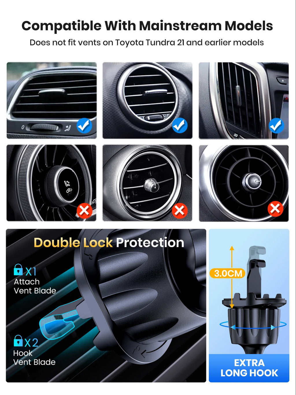 TOPK Auto Lock Car Phone Holder – Air Vent Mount with Hook Clip