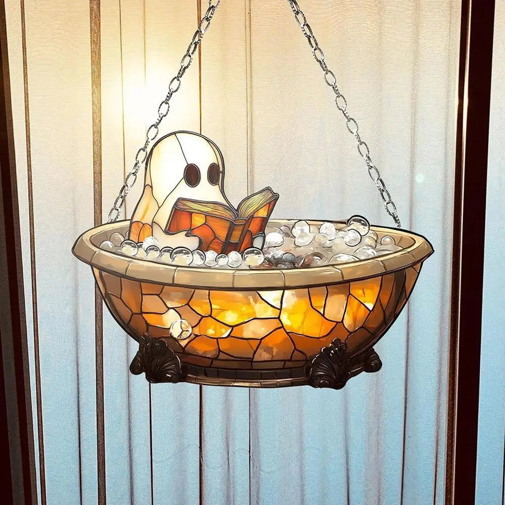 Halloween Ghost Reading Acrylic Ornament – Colorful Window Décor