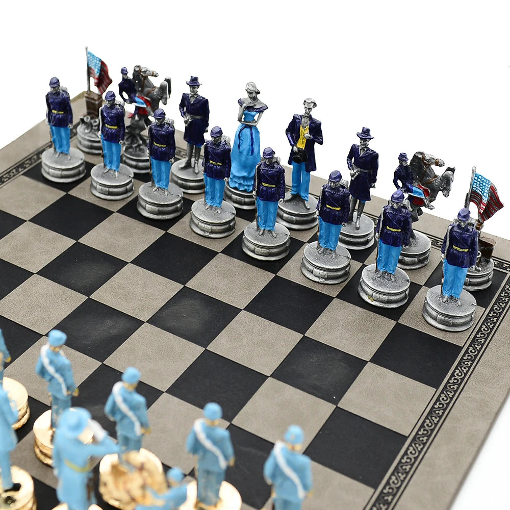 Luxury War‑Themed Metal & Resin Chess Set ♟️ | Hand‑Painted Knights on Leather Board | 32‑Piece Strategy Gift Set 🎁