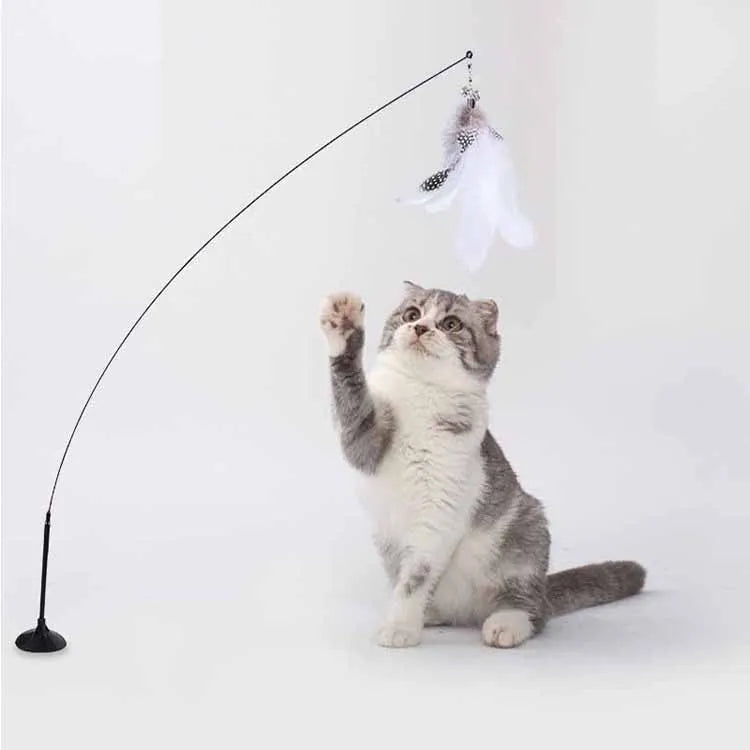 🐱🎀 Funny Fluffy Feather Cat Teaser Wand with Bell & Suction Cup