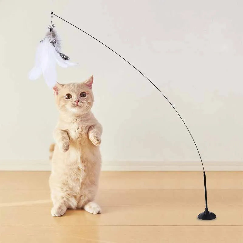 🐱🎀 Funny Fluffy Feather Cat Teaser Wand with Bell & Suction Cup