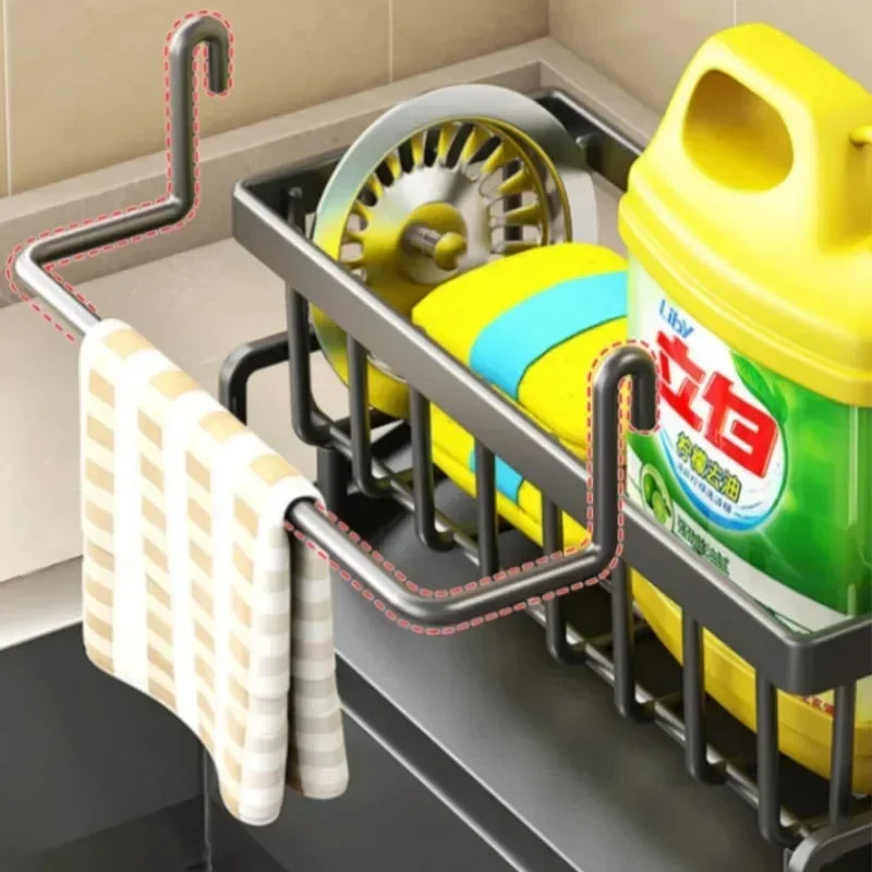 🍽️✨ Multifunctional Kitchen Sink Storage Shelf | No-Punch Adhesive Drain Rack with Hooks 🧽 | Plastic Spice & Rag Organizer for Sink Tap
