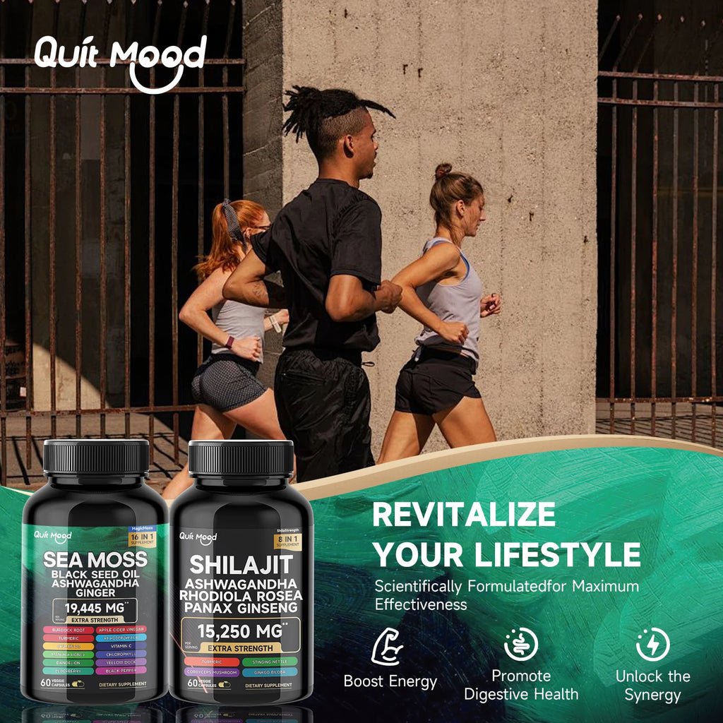QuitMood Sea Moss & Shilajit Energy Bundle 🌿⚡ Natural Vitality Support with Black Seed Oil, Ashwagandha, Turmeric & Ginger for Men & Women