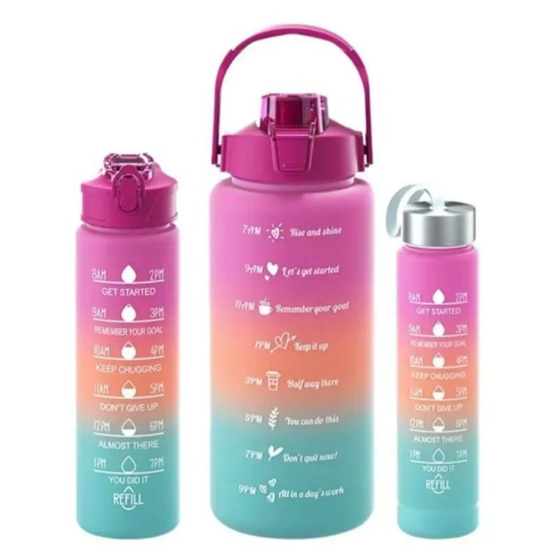 3PCS Gradient Sports Water Bottle Set (300ML / 900ML / 2L) – Leakproof Straw Fitness Bottle 💧✨