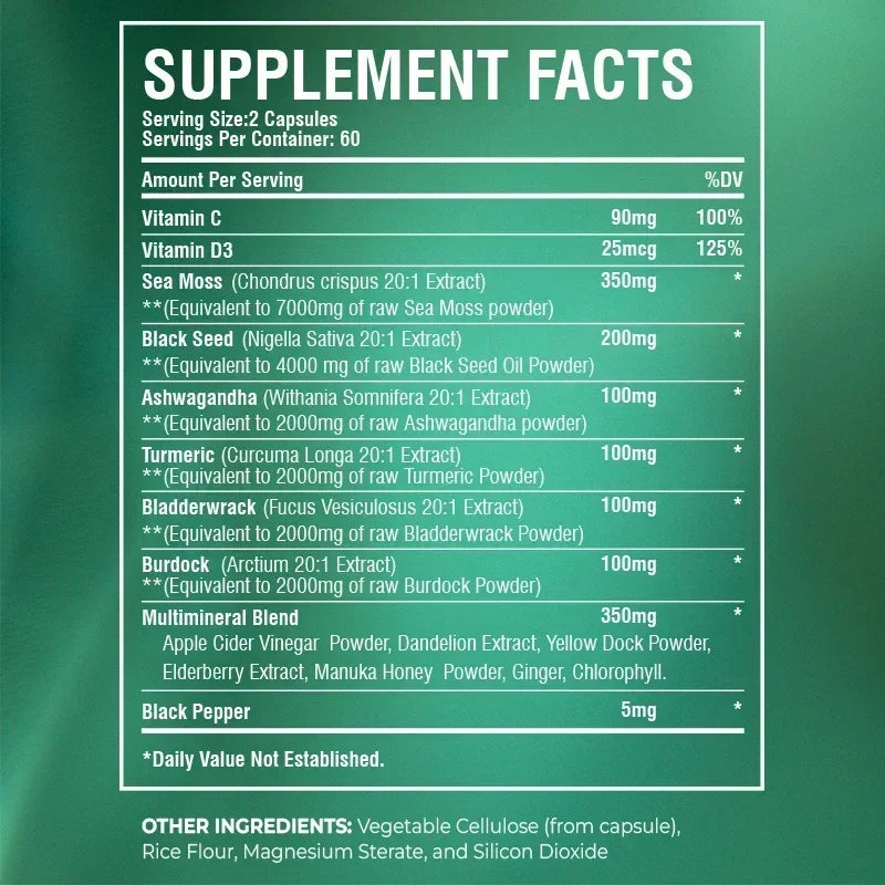 🌿 Sea Moss Supplement Capsules – Gut Health, Immunity Boost, Detox, Anti‑Aging, Antioxidant Support | Ashwagandha, Black Seed Oil, Ginger