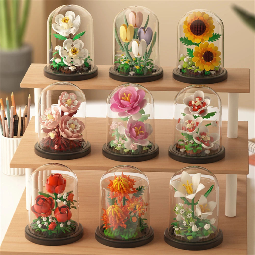 🌸🧱 Potted Plant Micro Building Blocks – Simulation Lily & Rose Flower Assembling Brick Model for Kids & Home Décor