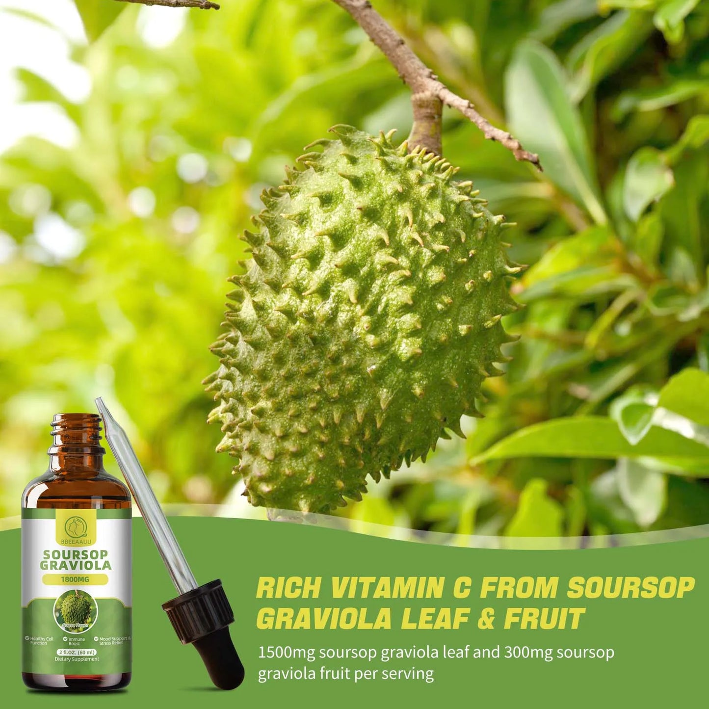 2 Fl. oz. Natural Soursop (Graviola) Extract Drops | Plant-Based Wellness Support | Antioxidant-Rich | Gluten-Free | 2 Fl. oz. Liquid Herbal Supplement 🌿
