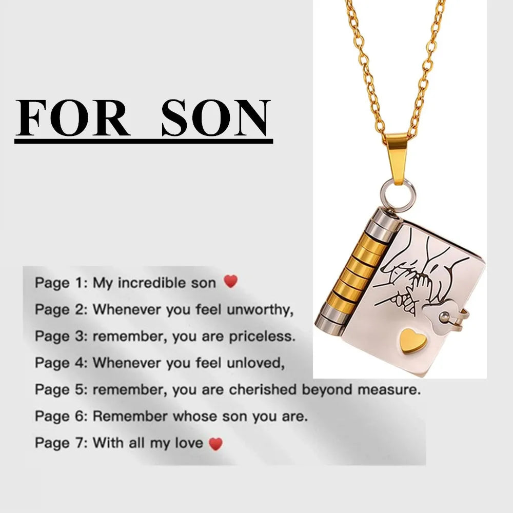📖💙 To My Champion Son Book Necklace 🏆 | Engraved Openable Book Pendant with 6 Message Pages ✨ | Birthday Gift for Boys – My Little Hero 💪