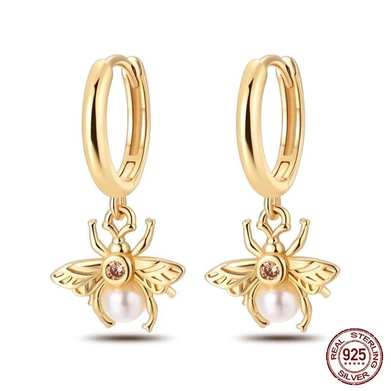 🌙⭐🐝 925 Sterling Silver Star Moon Bee Pendant Earrings ✨ | Gold-Tone Sparkling Zircon Luxury Earrings for Women 💎 | Wedding & Engagement Jewelry Gift 👰