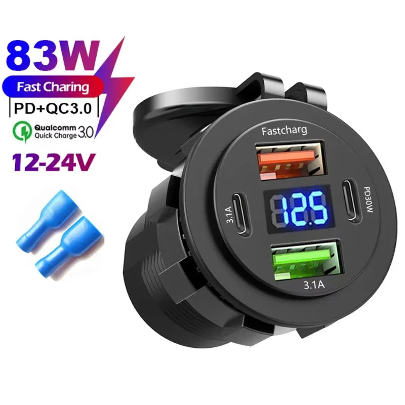 🚗 4‑Port PD + QC 3.0 Car Charger with Voltmeter | 83W Fast Charge | Waterproof 12V/24V